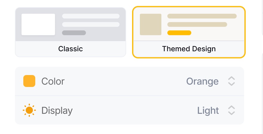 Close-up: the Themed Design card is selected, the preview shows a light background with a yellow accent, and the Color and Display (Light) rows sit below it.