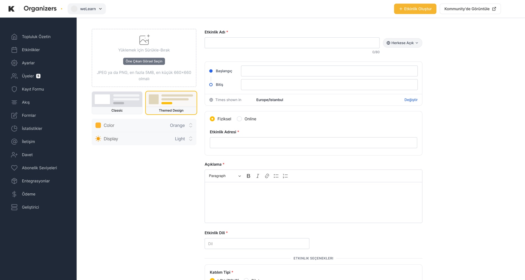 The event form in the organizer panel. At the top left, the featured image uploader with the Classic and Themed Design cards below it; Themed Design is selected and the Color and Display settings are open. On the right, the event name, date, address and description fields.